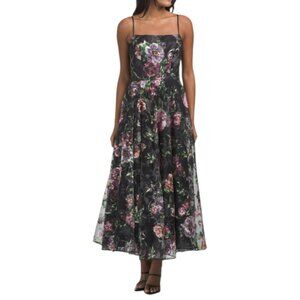 BETSY & ADAM Black/Plum Printed Embroidered Gown